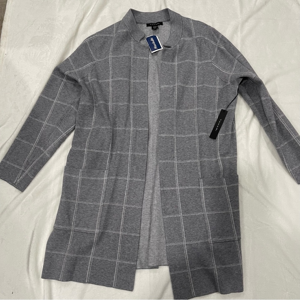 Tahari Gray Plaid Open Front Cardigan
